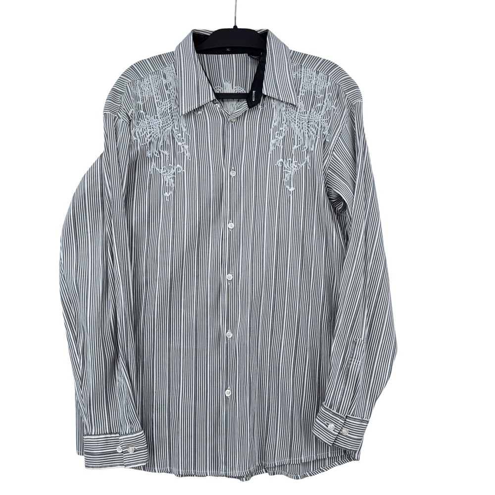 Pronti Embroidered Striped Button‎ Front Shirt Mens XL Cotton Blend Black White